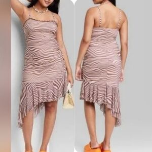 NWT Wild Fable Size Small Brown Animal Print Ruched Slip Midi Dress Ruffled Hem